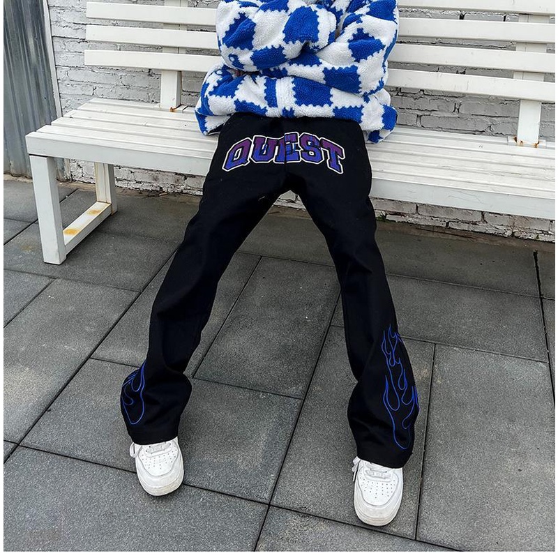 Quần jeans dài thêu ngọn lửa phong cách hip hop cho nam