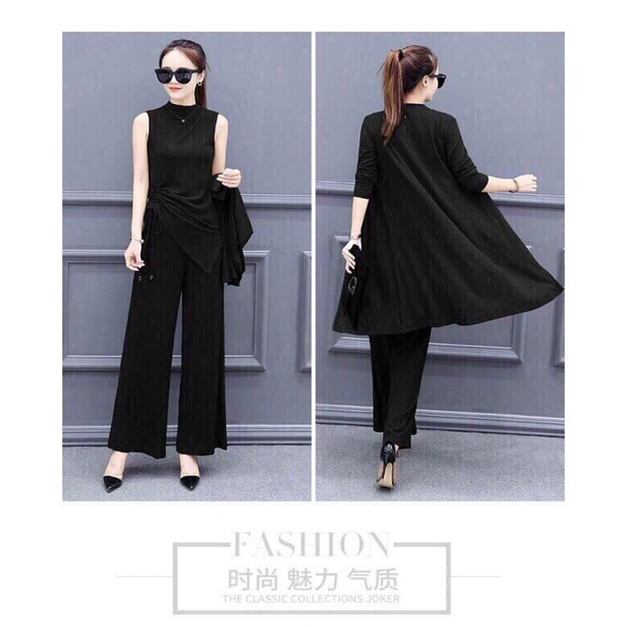 Set Len Quần Dáng Suông - Bộ Quần Áo Len Nữ Dáng Dài 3 Món Rút Gấu Kèm Áo Khoác Phong Cách Tổng Tài