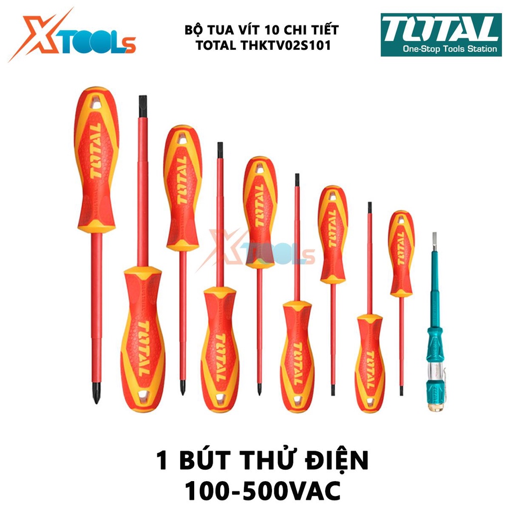 Bộ tuốt nơ vít cách điện 10 chi tiết TOTAL THKTV02S101 | Bộ 10 tua vít cách điện 9 tua vít SL3.0x75mm, SL4.0x100mm, SL5.