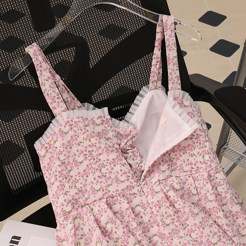 NUZIRO  Đầm Hoa Hai Dây Cổ Chữ V Màu Hồng Phong Cách Retro Hàng Mới Dành Cho Nữ