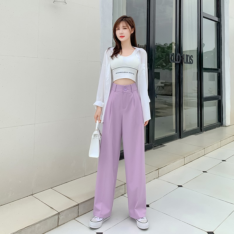2020 chụp ảnh thực tế quần ống rộng màu tím mới nữ voan thẳng đứng, quần âu rộng, quần lau sàn cạp cao | BigBuy360 - bigbuy360.vn