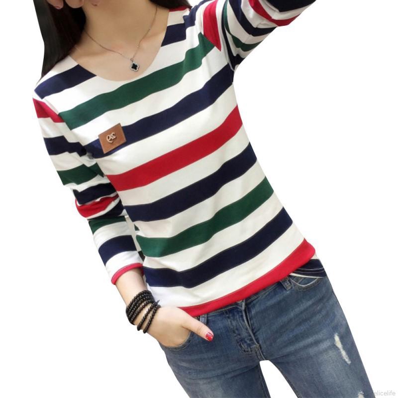 Áo nữ dài tay cổ tròn chất liệu cotton họa tiết sọc thời trang