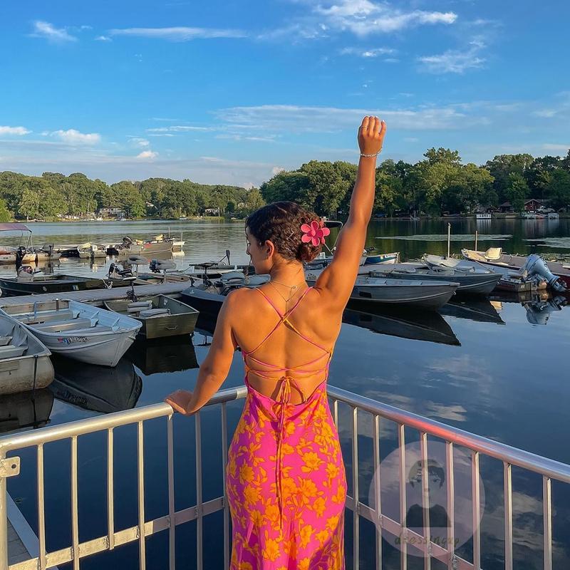 Đầm Dài Hai Dây Chéo Lưng In Hoa Thời Trang Mùa Hè Dành Cho Nữ