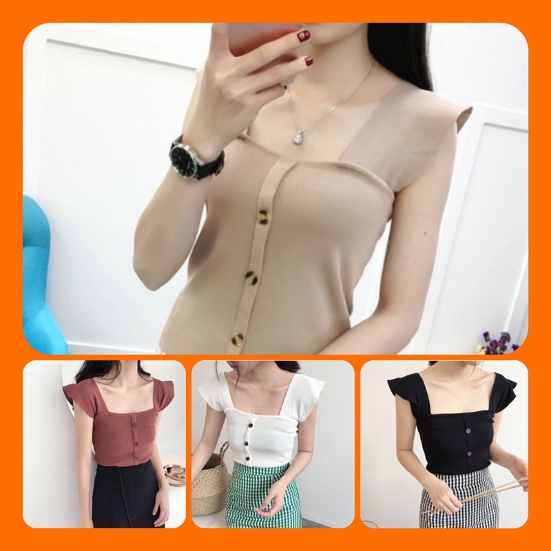 Áo thun nữ, áo croptop, áo cộc cổ vuông có cúc