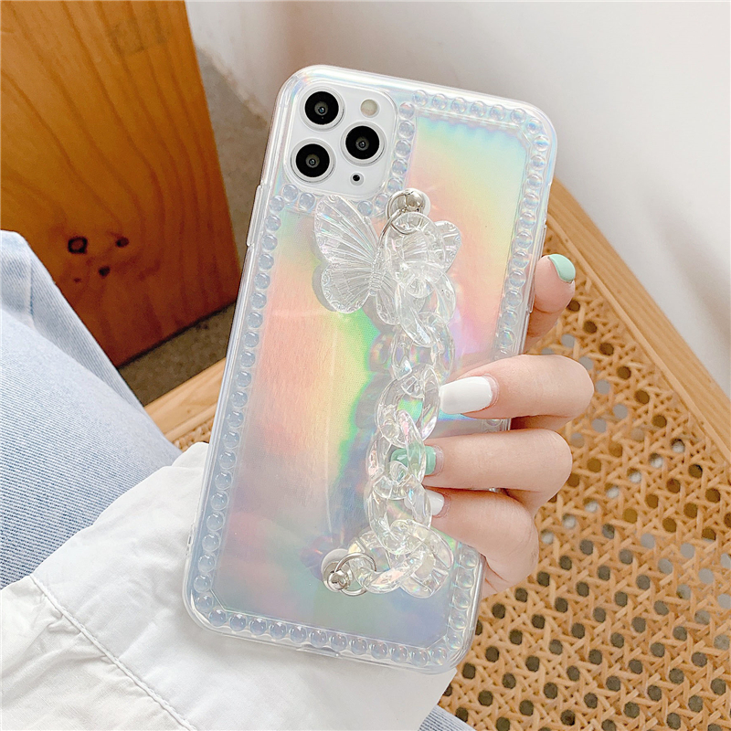 Ốp điện thoại mềm màu laser phối bươm bướm có dây đeo cho iPhone SE2 11 Pro MAX XS XR 7 8 Plus | BigBuy360 - bigbuy360.vn