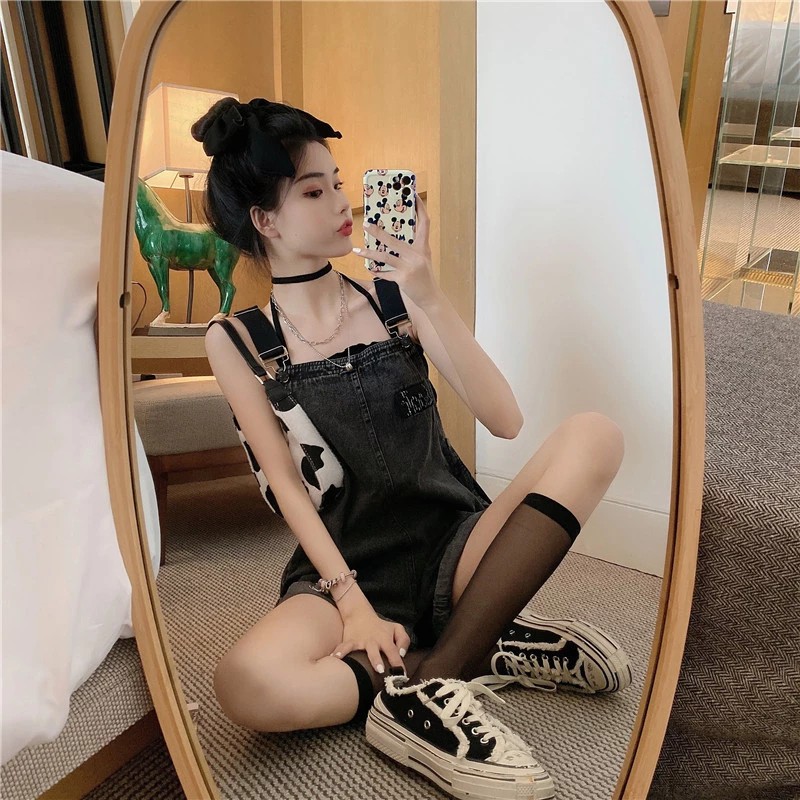 (Order_ảnh thật) Quần yếm short jeans bò đen dáng jumsuit siêu xinh xắn đáng yêu