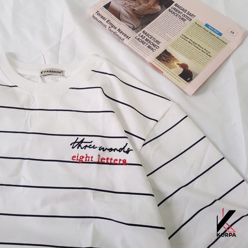 [ Ảnh Thật ] Áo thun tay lỡ form rộng sọc thêu chữ Eight letters - Unisex nam nữ đều mặc được