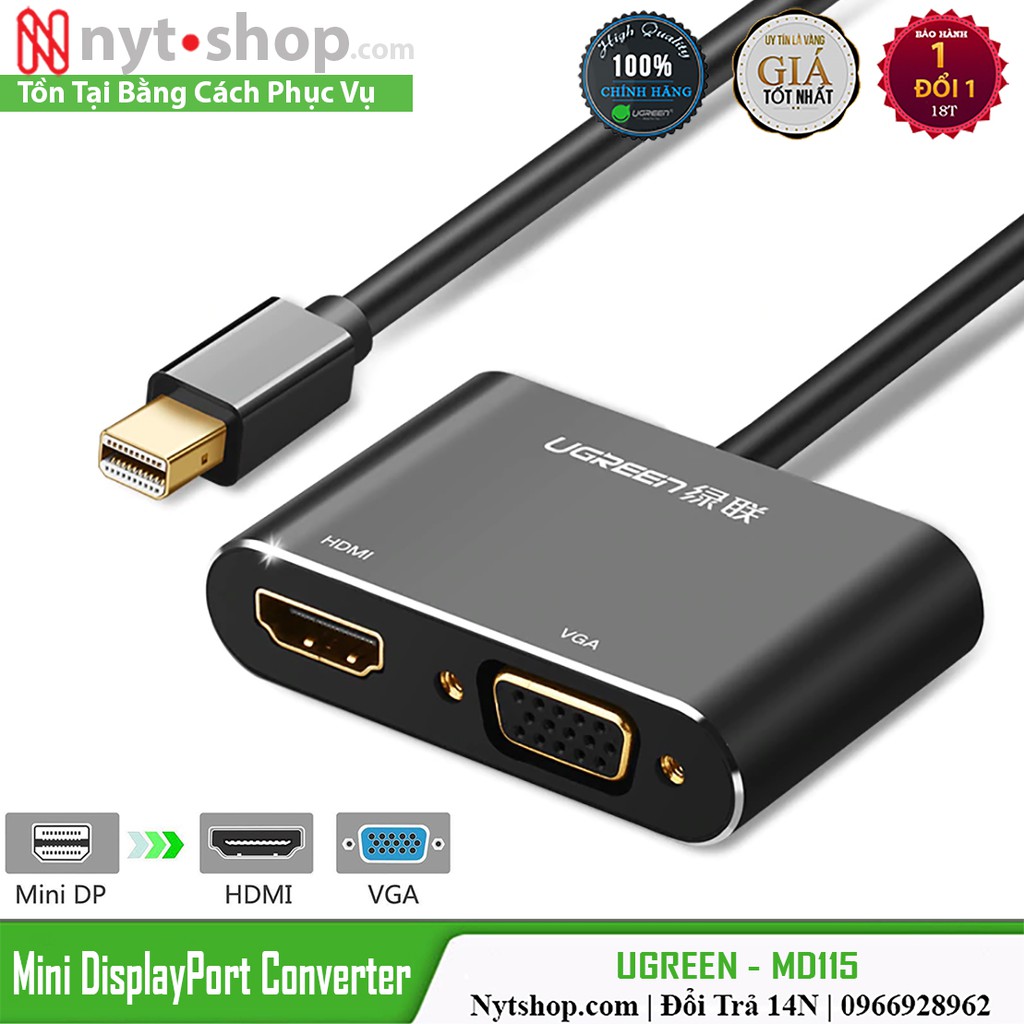 Cáp Mini DisplayPort ra VGA + HDMI 4K@30Hz Cao Cấp UGREEN MD115