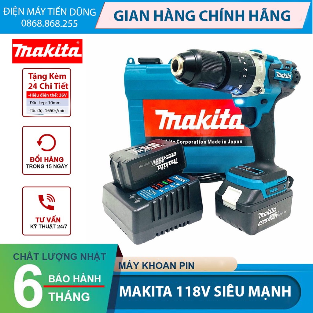 Máy Khoan Pin Makita 118V Không Chổi Than Đầu 13mm Có Búa 3 Chức Năng KHOAN, BẮT VÍT, BÚA
