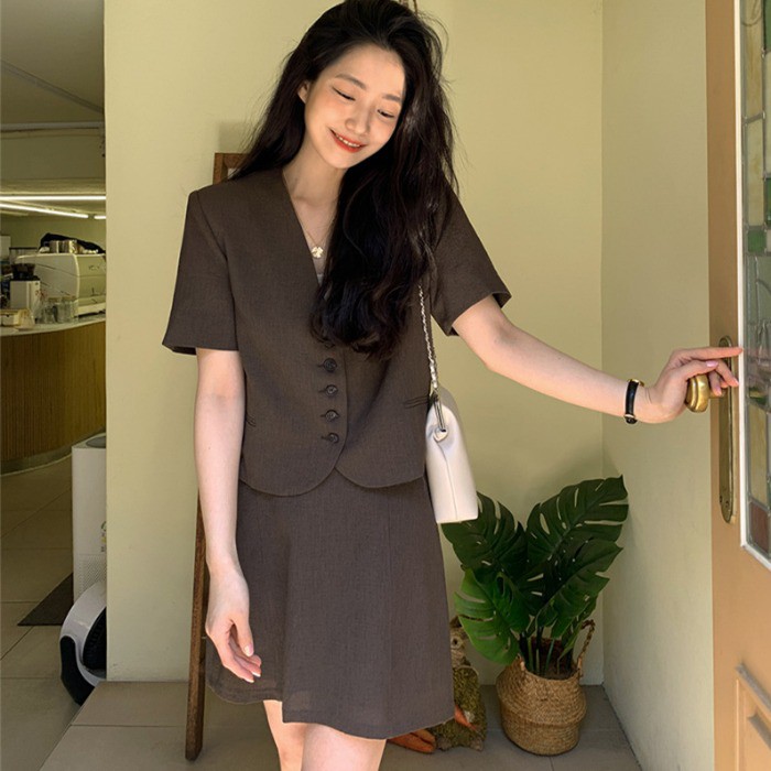 Áo Vest Blazer Cổ tim Retro Kiểu Pháp + Chân váy trơn ngắn Lưng cao Mùa Hè Ulzzang Hàn Quốc Thời trang