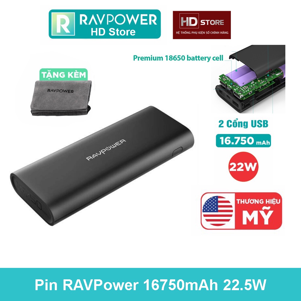 Pin Sạc Dự Phòng RAVPower 16750mAh Mã RP- PB010 Sạc nhanh 22.5W iSmart 2.0