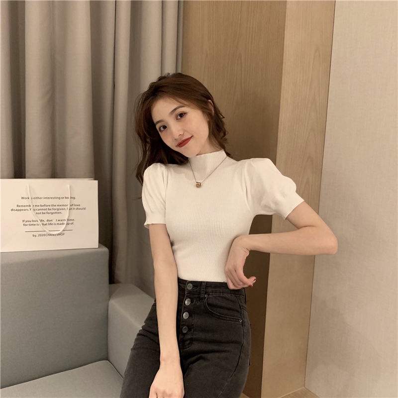 Áo kiểu dệt kim tay ngắn ôm dáng vừa vặn thời trang mùa thu dành cho nữ