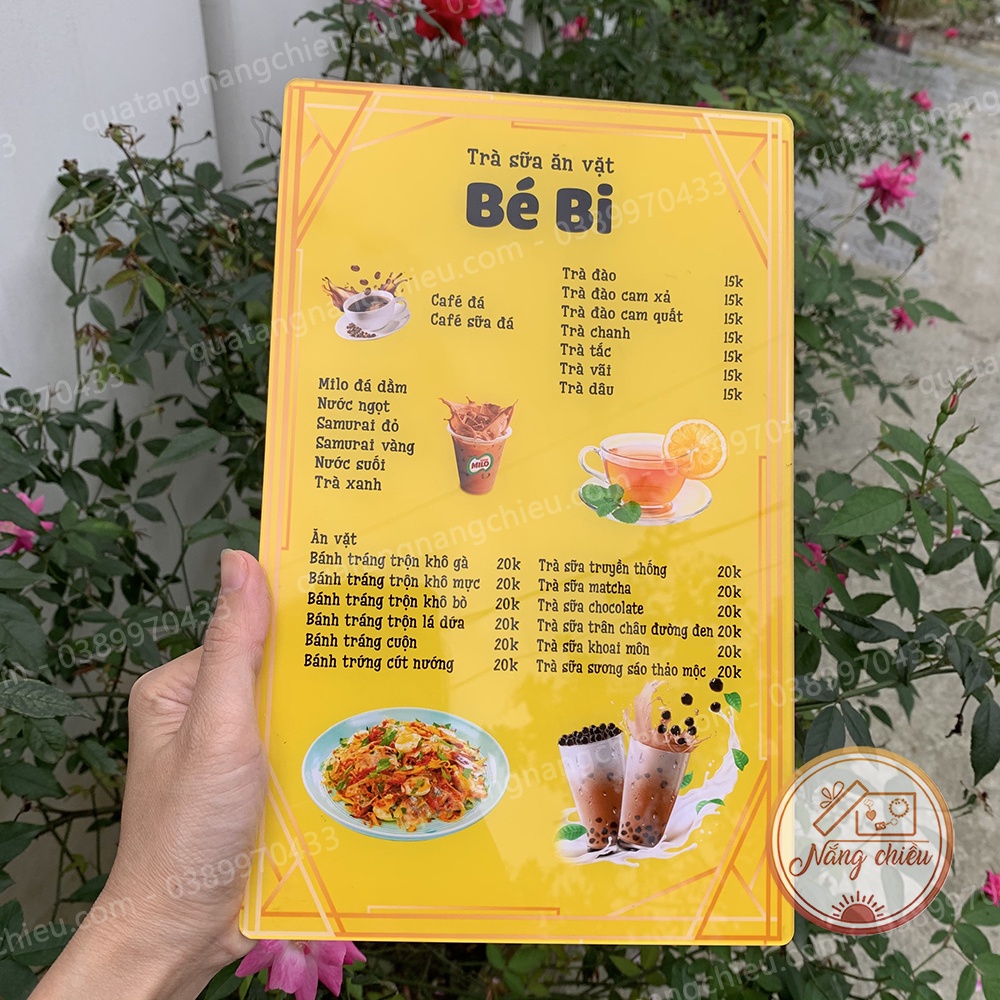 Menu quán trà sữa , ăn vặt , bảng giá quán cà phê, trà sữa, quán ăn in theo yêu cầu , chất liệu mica sáng bóng