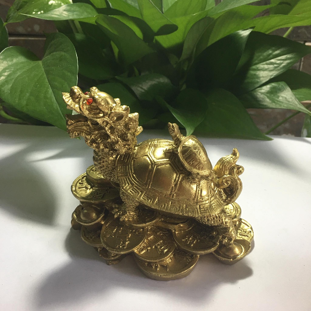 Long quy phong thủy, long quy cõng con  dài 12 cm rộng 8 cm cao 10 cm màu vàng sơn đồng  thu hút tài lộc