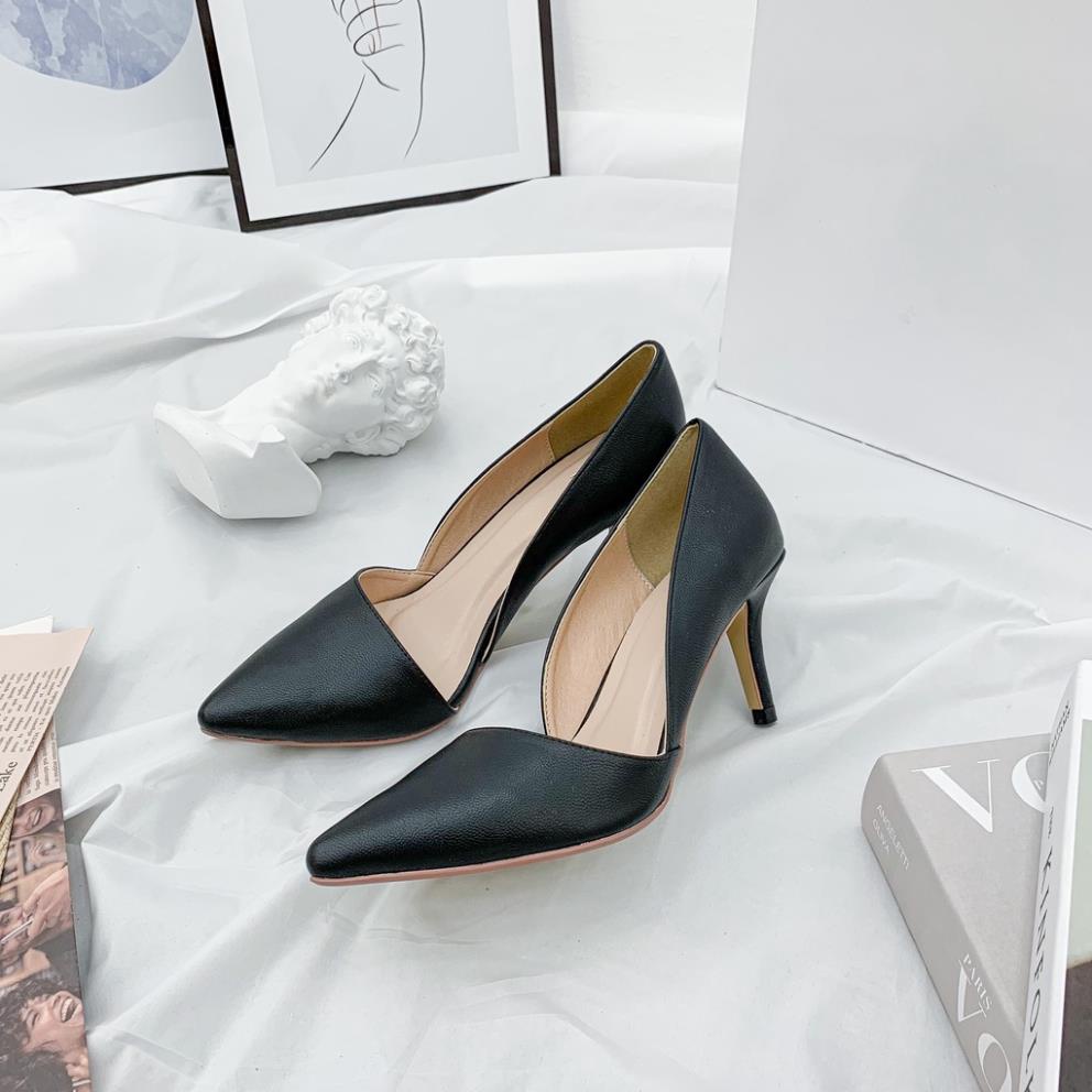 Giày Cao Gót 7cm Khoét Eo Mũi Nhọn Màu Đen Pixie P743 .