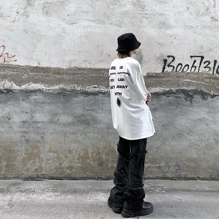 Ông. Áo Thun Đen Tay Lỡ Dáng Rộng Họa Tiết Graffiti Phong Cách Đường Phố Cho Nam