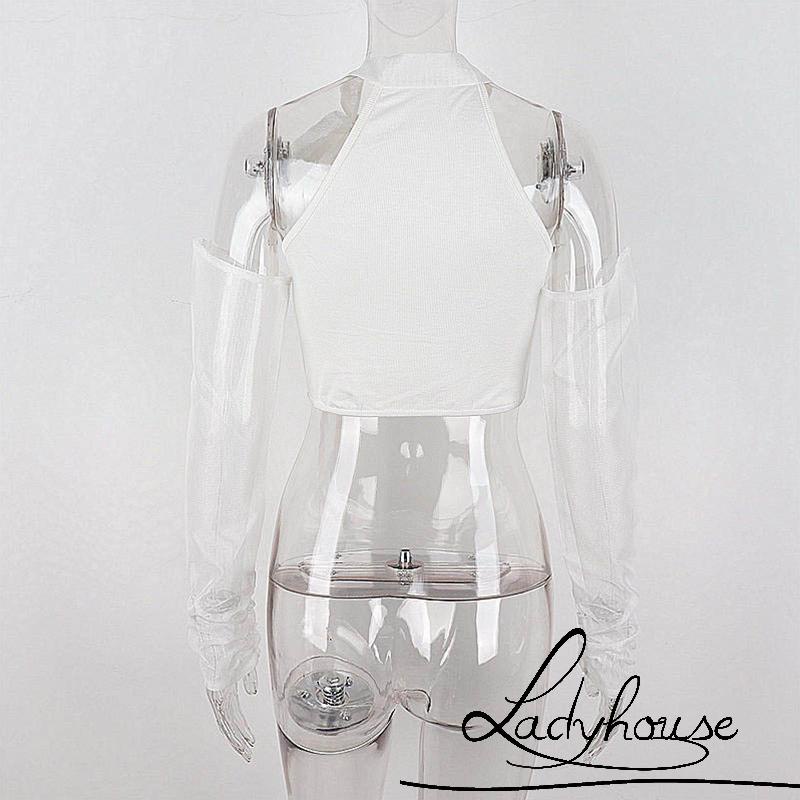 LDDWomen Casual Crop Tops, Solid Color Mock Neck Slim-Fit Bandage Tops with Sleeves, White