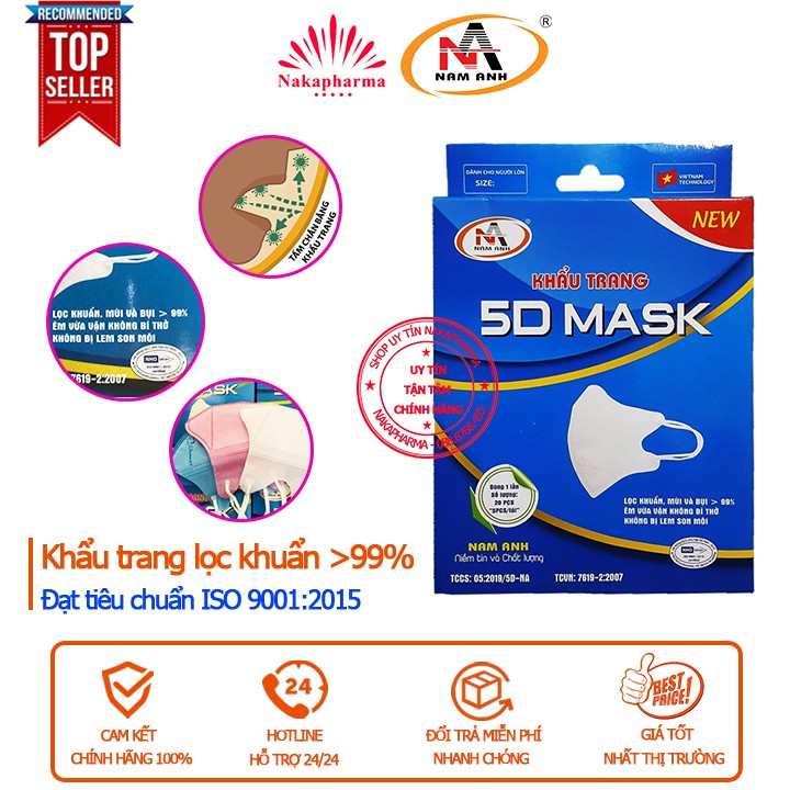 10 khẩu trang y tế 5D Mask Nam Anh FAMAPRO - Lọc vi khuẩn, mùi và bụi mịn - Vải êm, dễ chịu, không bị lem son môi