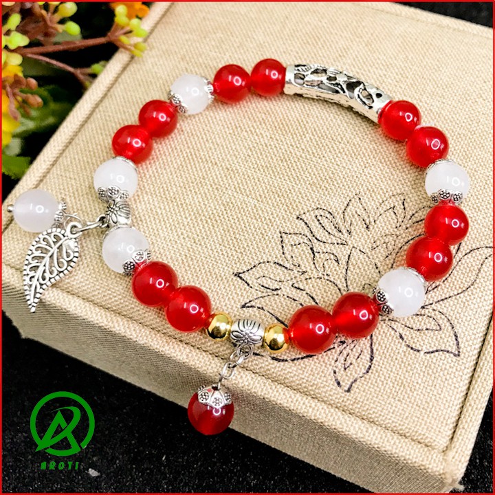 Vòng Tay Nữ - Vòng Tay Nữ Mã Não Trắng Mix Mã não Đỏ 8mm Charm Cầu V364-8