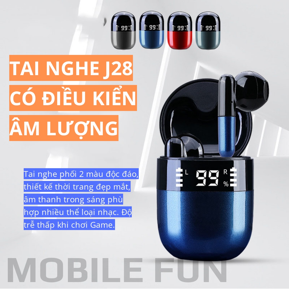 Tai nghe Bluetooth TWS J28 có đèn LED thông báo PIN, J28 điều chỉnh âm lượng có MIC đàm thoại kết nối không dây BT v5.2