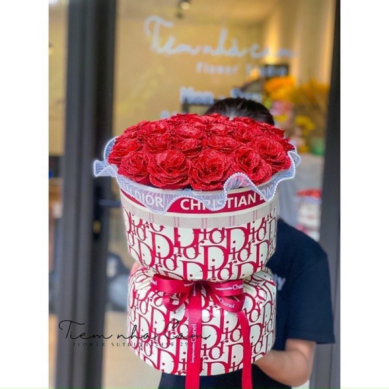Bó 15 bông hoa nhũ, 20 bông hoa hồng sáp thơm bọc giấy dior cao cấp sang trọng làm quà tặng cho các dịp lễ
