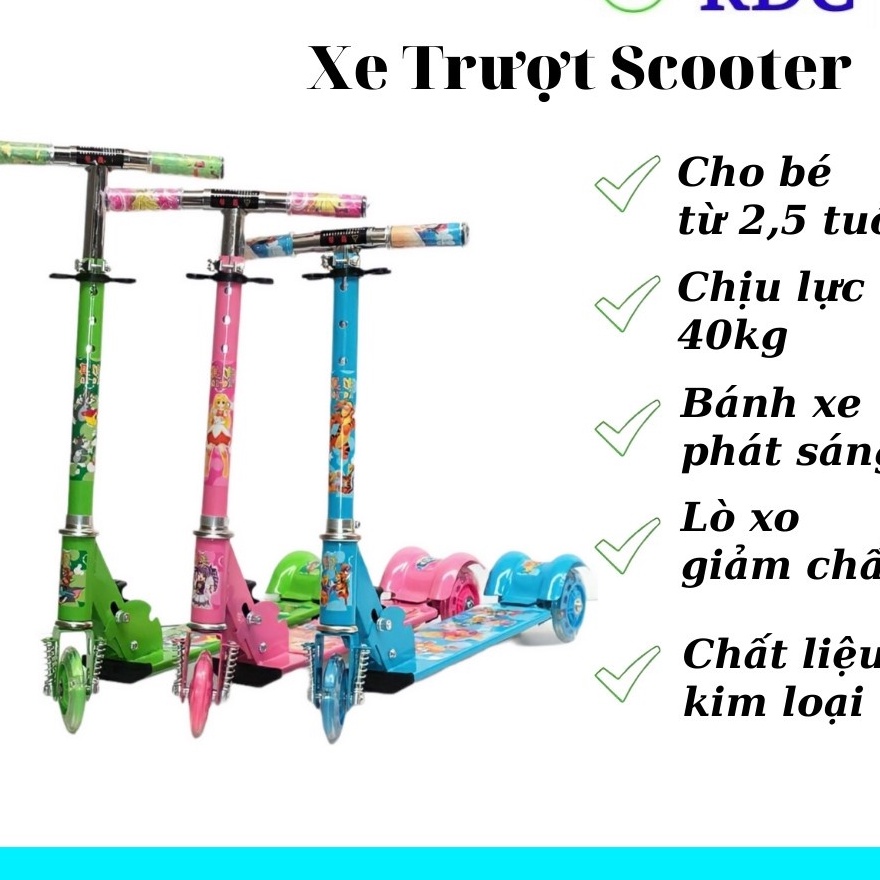 Xe trượt Scooter 3 bánh phát sáng, Bản To có Lò Xo