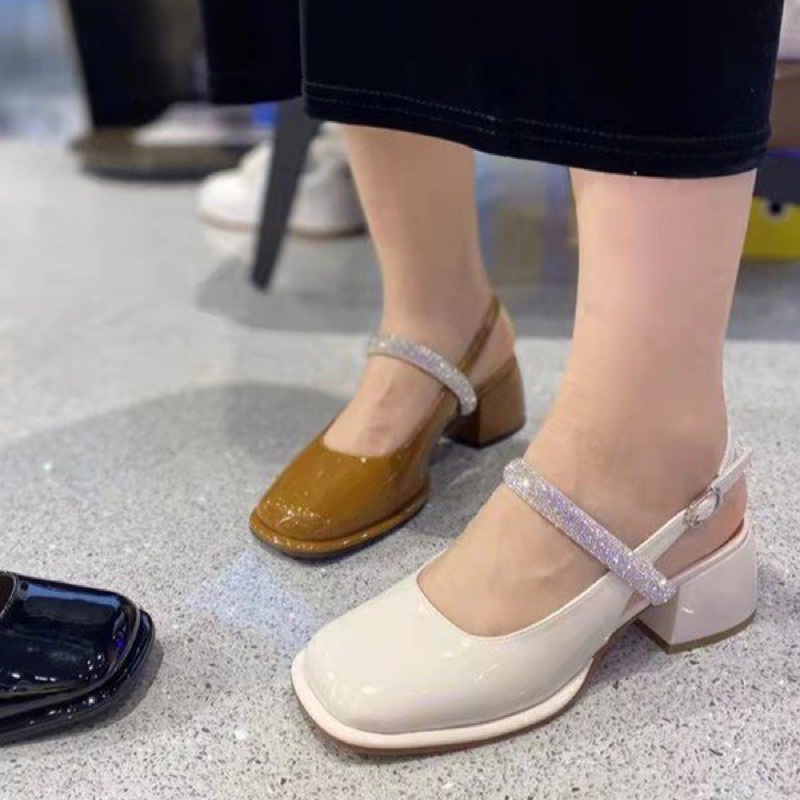 _ Giày cao gót mũi vuông phối quai ngang đính đá siêu đẹp