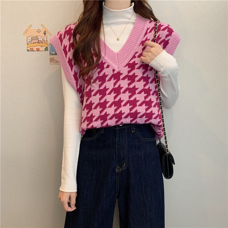 Áo Vest Dệt Kim Cổ Chữ V Màu Sắc Tương Phản Phong Cách Hàn Quốc Thời Trang Cho Nữ