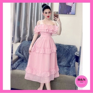 Váy nữ thiết kế trễ vai phối bèo xinh xắn, Đầm tơ trẻ trung sang chảnh HN Clothing V26