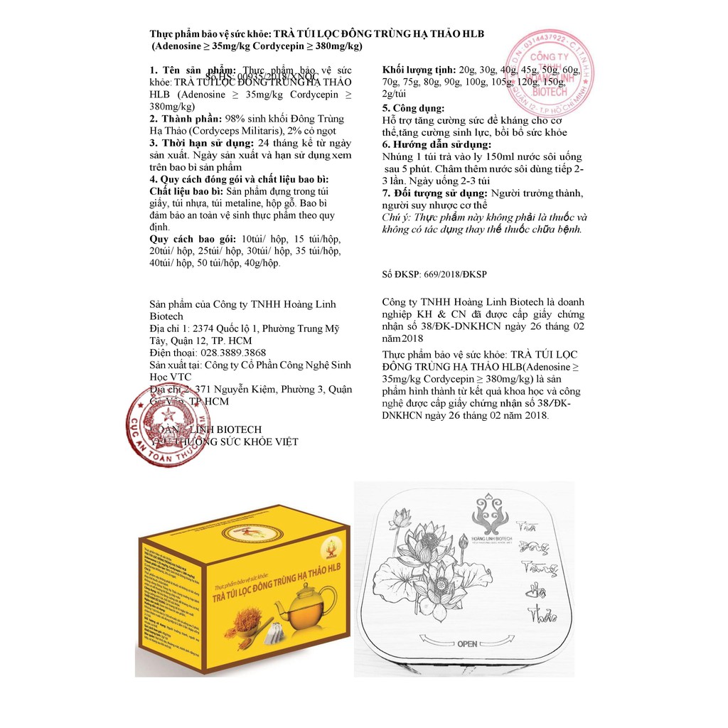 Hoàng Linh Biotech - Trà túi lọc Đông Trùng Hạ Thảo HLB - 60gram