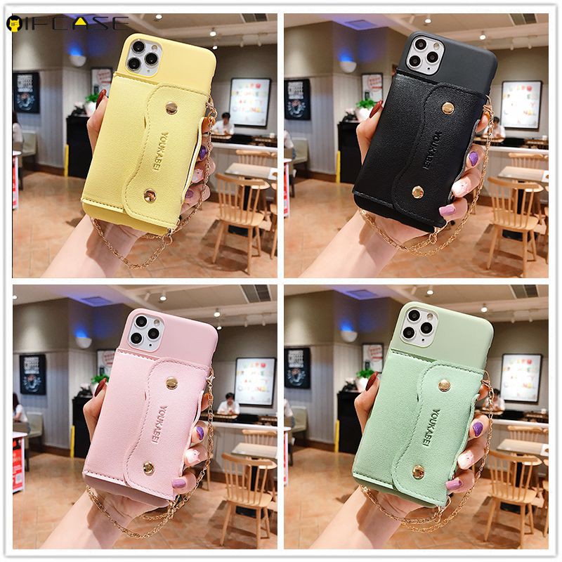 Ốp điện thoại TPU mềm màu trơn đính ví có dây đeo dạng xích xinh xắn cho iPhone 12 Mini 12 Pro Max