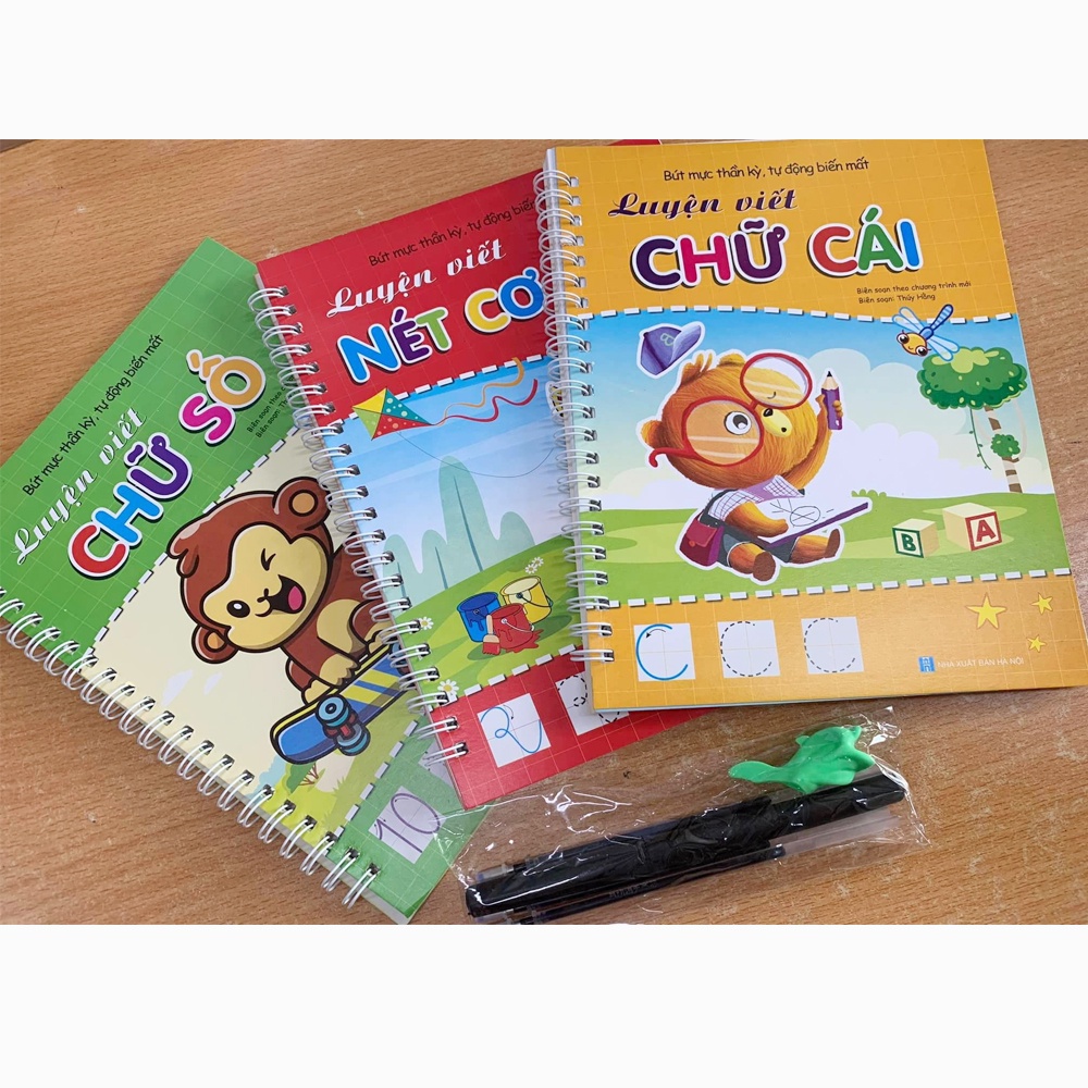 Bộ 3 Vở tập viết nét Lõm TỰ XÓA kèm bút tự bay màu cho bé luyện dễ dàng (2bút + 6ngòi + 2 định vị cầm bút)