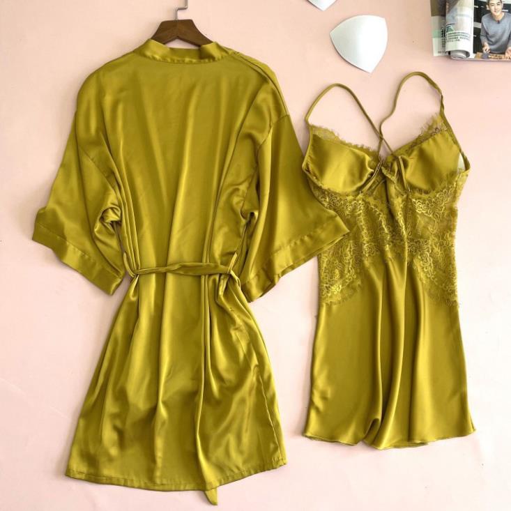 Áo choàng ngủ Kimono bằng lụa Satin phối ren thời trang xuân thu quyến rũ cho nữ ! | BigBuy360 - bigbuy360.vn