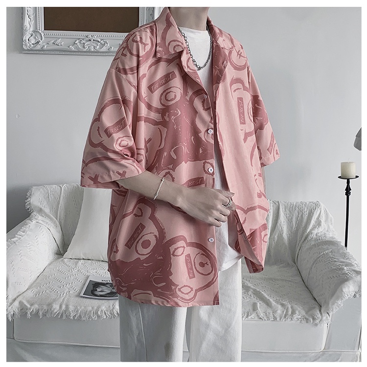 Áo Sơ Mi Cotton Tay Ngắn Dáng Rộng In Hình Gấu Thời Trang Phong Cách Hip Hop Hàn Quốc Cho Nam Size M-3Xl 3 Màu Tùy Chọn | BigBuy360 - bigbuy360.vn