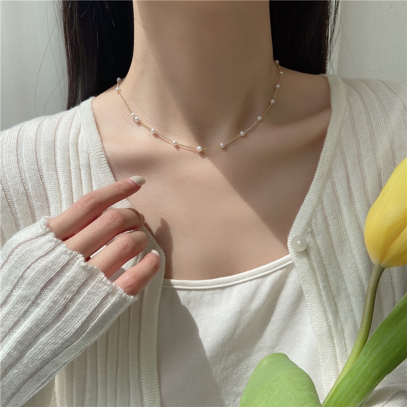 Vòng Cổ Choker Làm Từ Hợp Kim Đính Ngọc Trai Nhân Tạo Màu Sắc Đơn Giản Có Thể Điều Chỉnh Cho Nữ