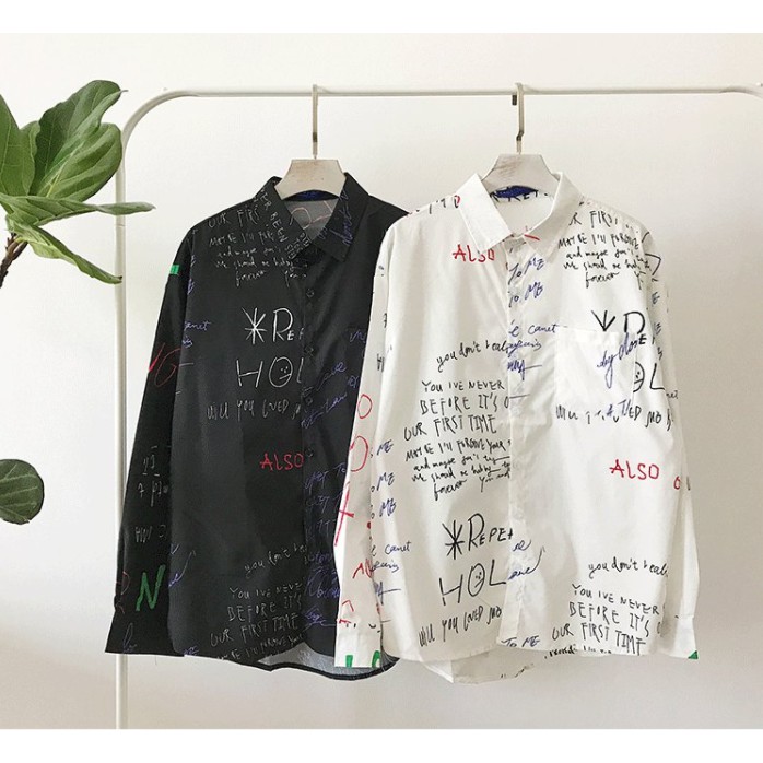 Áo sơ mị lụa họa tiết grafiti in chữ sắc nét