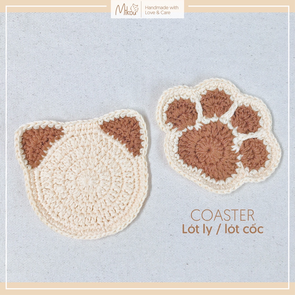 Lót ly hình mèo cotton thấm hút nước, handmade cat coaster, mikou shop
