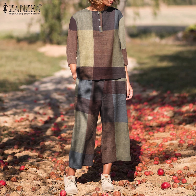 Bộ đồ ZANZEA áo tay 3/4 cổ tròn in họa tiết kẻ sọc caro quần phối túi thời trang thường ngày cho nữ