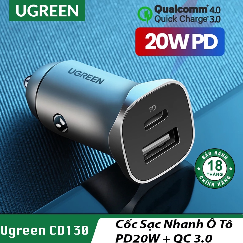 Cốc Sạc Nhanh Xe Hơi Cổng USB  3.0 &amp; Type C PD 20W Ugreen CD130 - BH 18T Chính Hãng