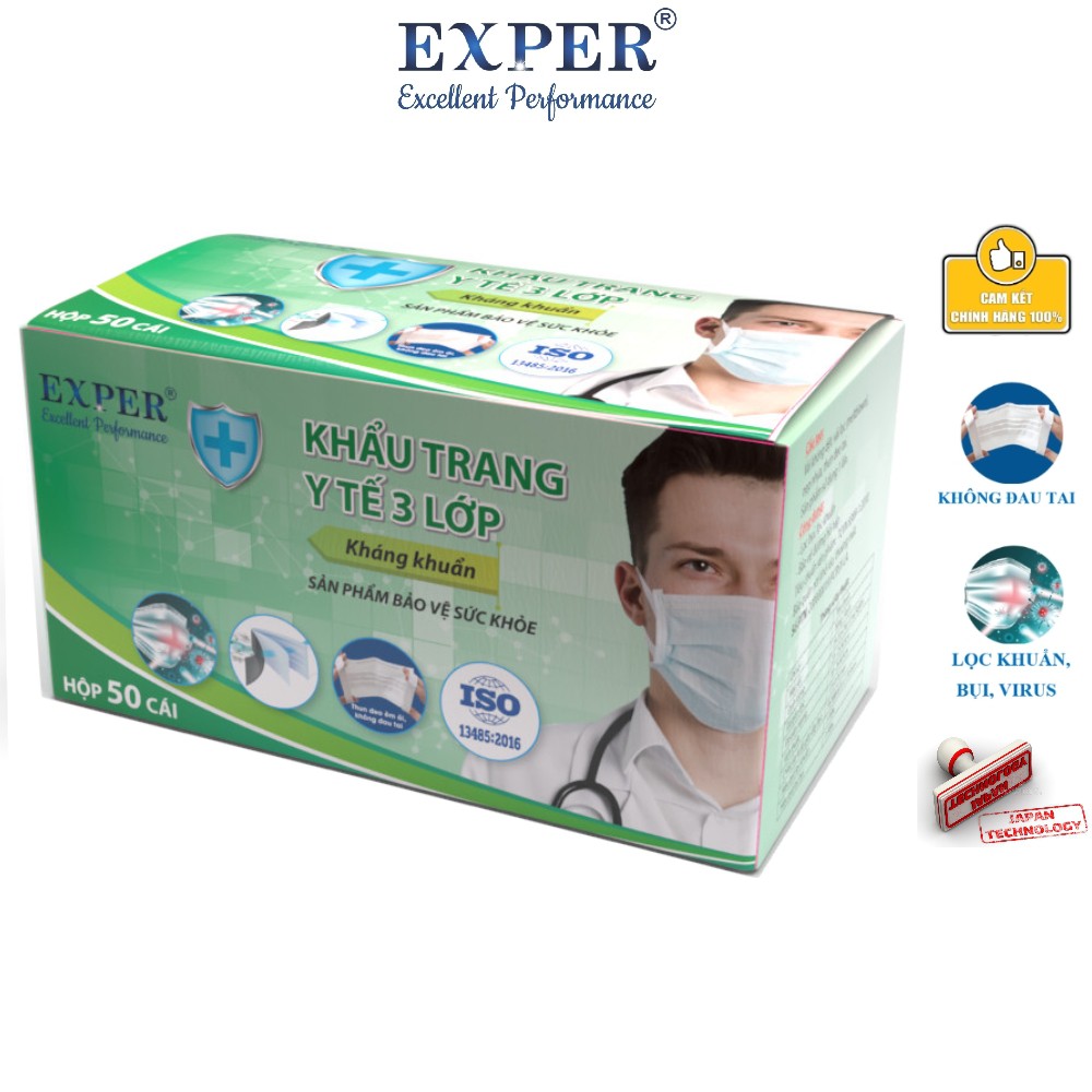 Khẩu trang y tế Exper 3 lớp hộp 50 cái. Khẩu trang y tế áp dụng công nghệ Nhật cao cấp không đau tai | BigBuy360 - bigbuy360.vn