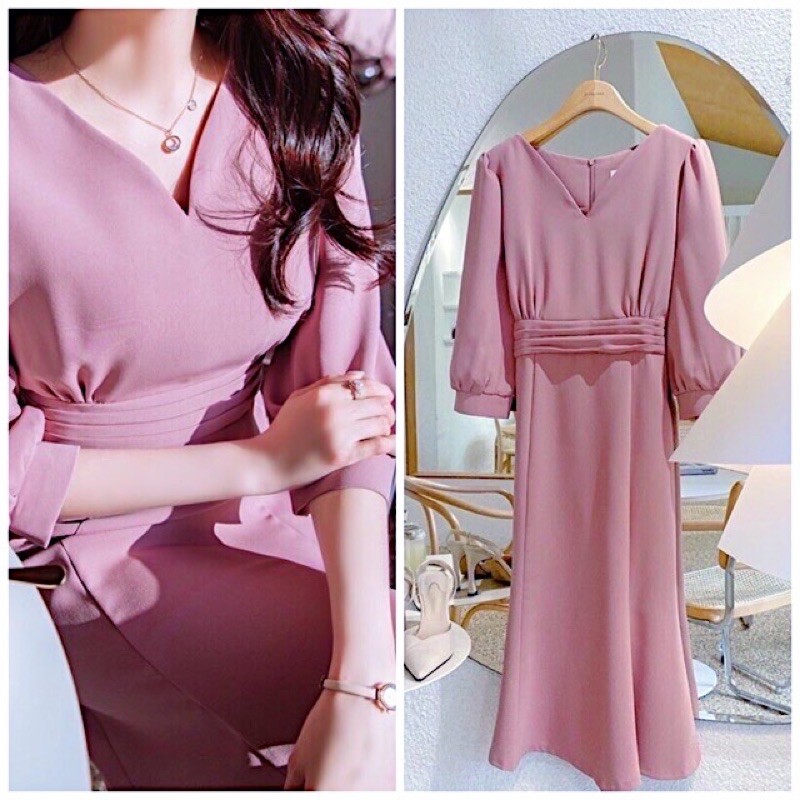 Đầm hồng cổ V xếp li eo (kèm hình thật)