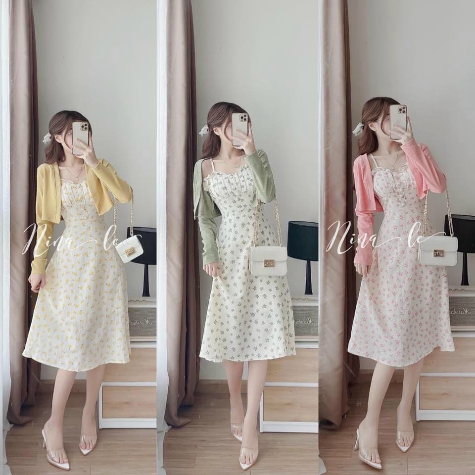 Đầm Váy Hoa Tiểu Thư Đính Nút Nhẹ Nhàng Với 3 Màu Siêu Xinh Kèm Aó Khoác Lụa Dành Cho Các Nàng Đi Chơi