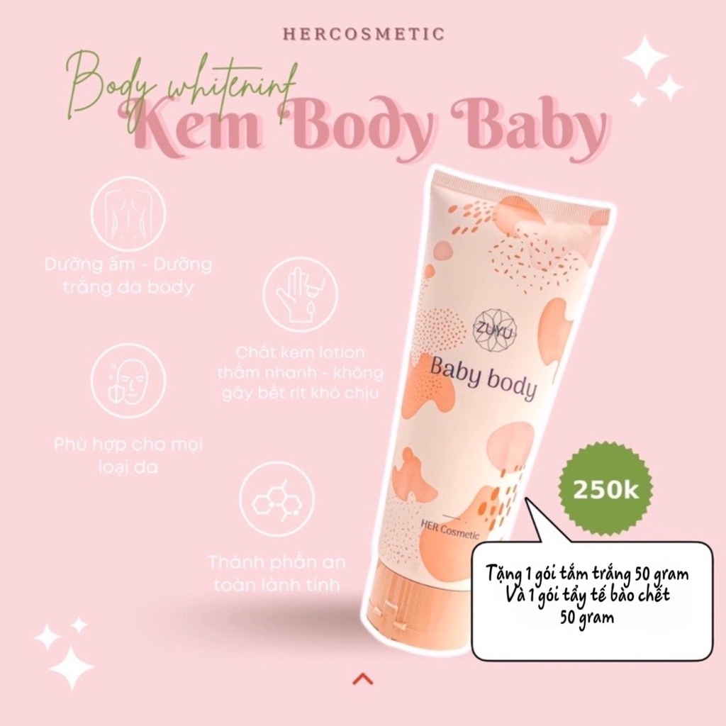 Kem Dưỡng ẩm và Trắng Da Baby Body ZuYu ( Tặng 1 set tắm trắng + 1 tẩy tbc cafe dừa)