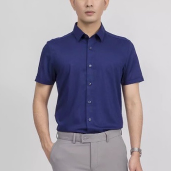 Áo sơ mi nam công sở Aristino tay ngắn màu xanh tím than dáng Slim fit chất sợi sồi cao cấp ASS021S9