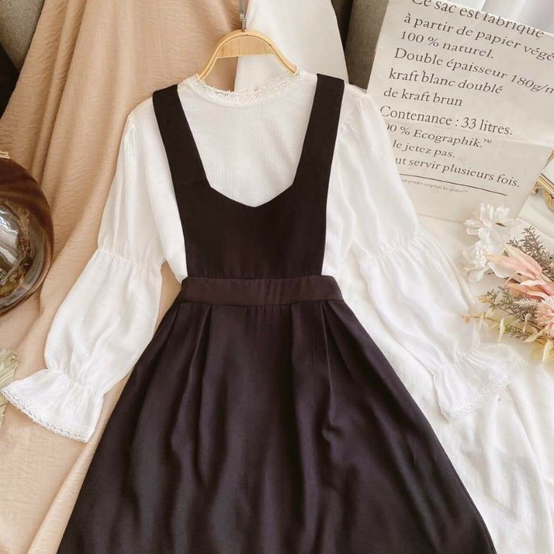 Set yếm bbd+áo trắng tay bo/Set yếm babydoll