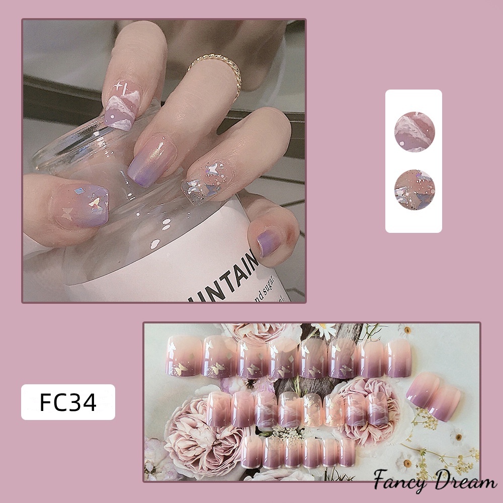 Set 24 Móng Tay Giả Dáng Dài Đính Bướm Thời Trang Sang Trọng Có Thể Tháo Rời