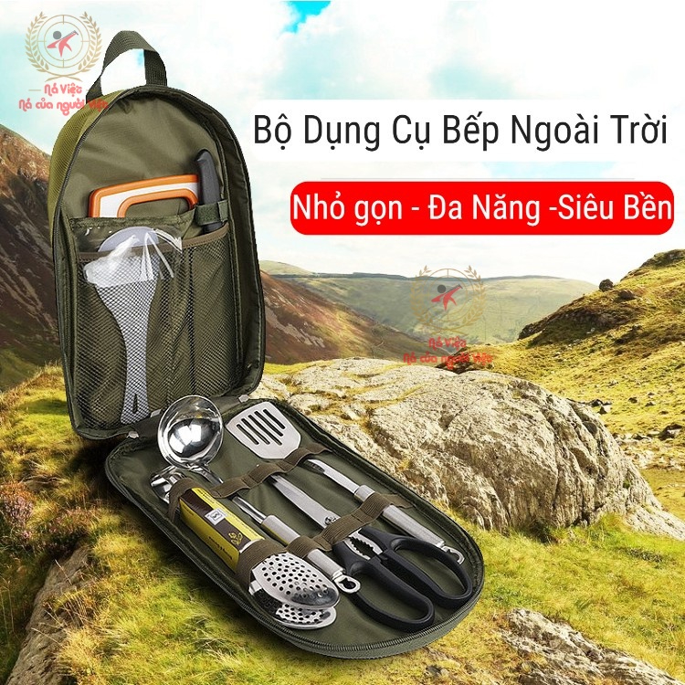 Bộ dụng cụ nấu ăn dã ngoại có túi đựng - Bộ dụng cụ nấu ăn 8 món dùng khi đi du lịch, dã ngoại [DCP5]]