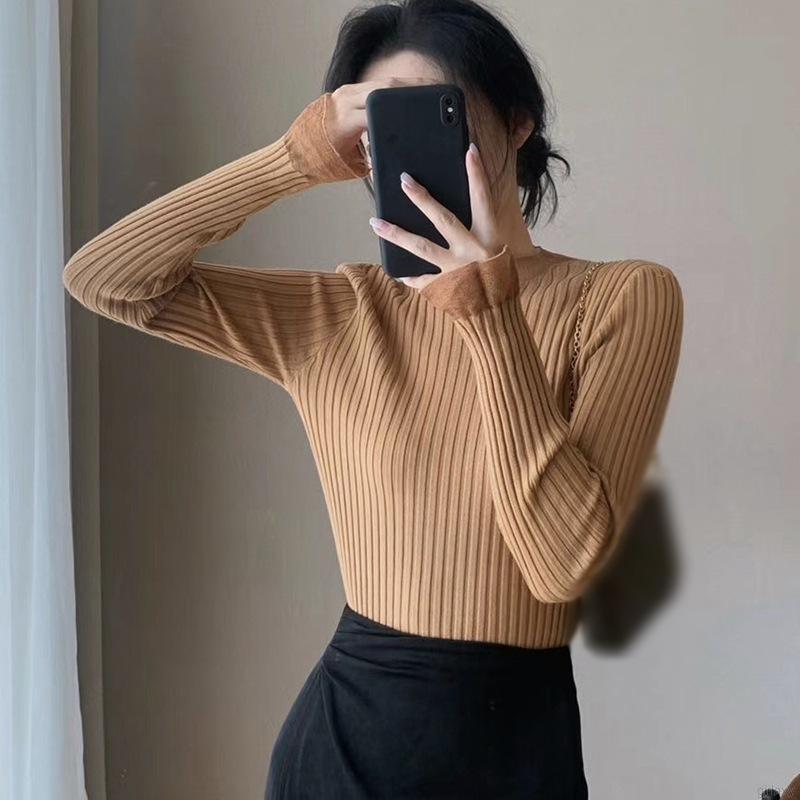 Áo Dệt Kim Dài Tay Cổ Tròn Phối Ren Màu Trơn Phong Cách Hàn Quốc