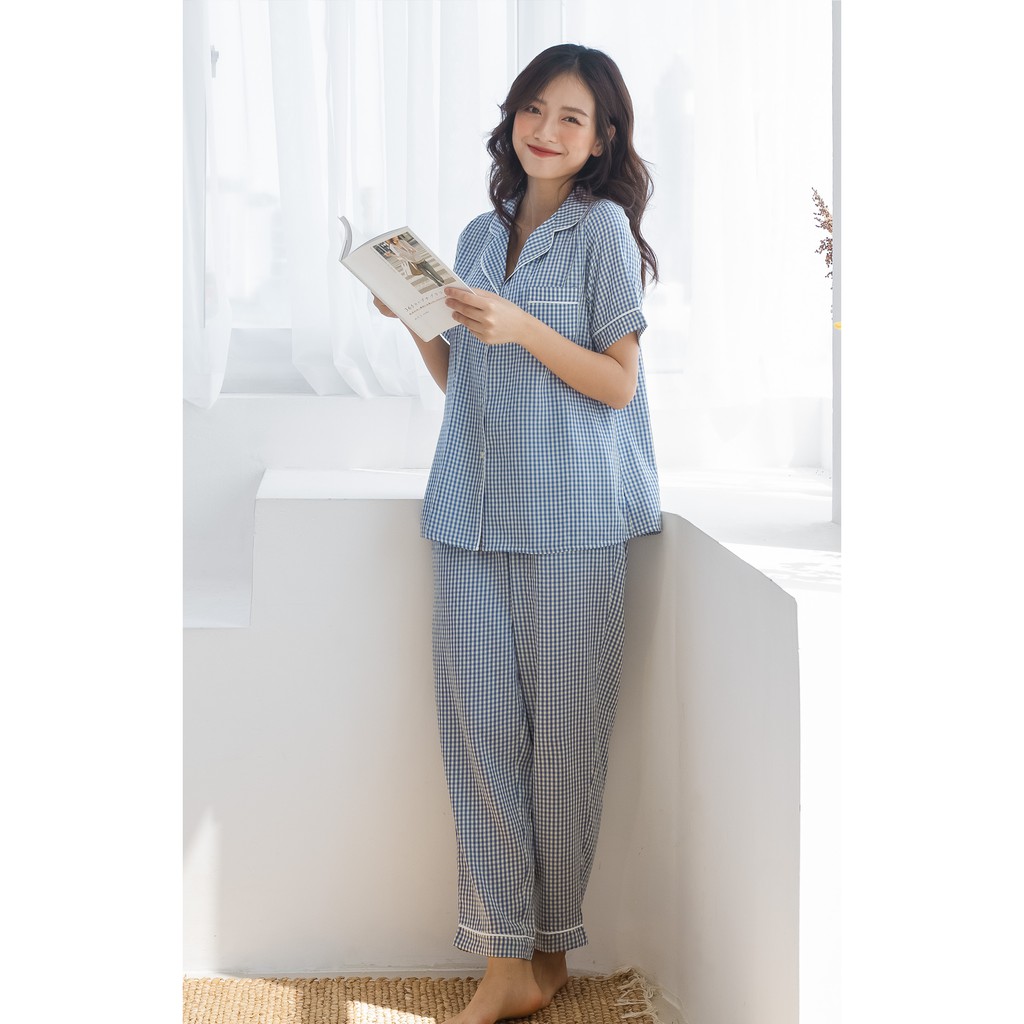 Bộ đồ mặc nhà Pijama MOMOJAMA áo cộc quần dài họa tiết kẻ caro trẻ trung - 3 màu M1921 | BigBuy360 - bigbuy360.vn