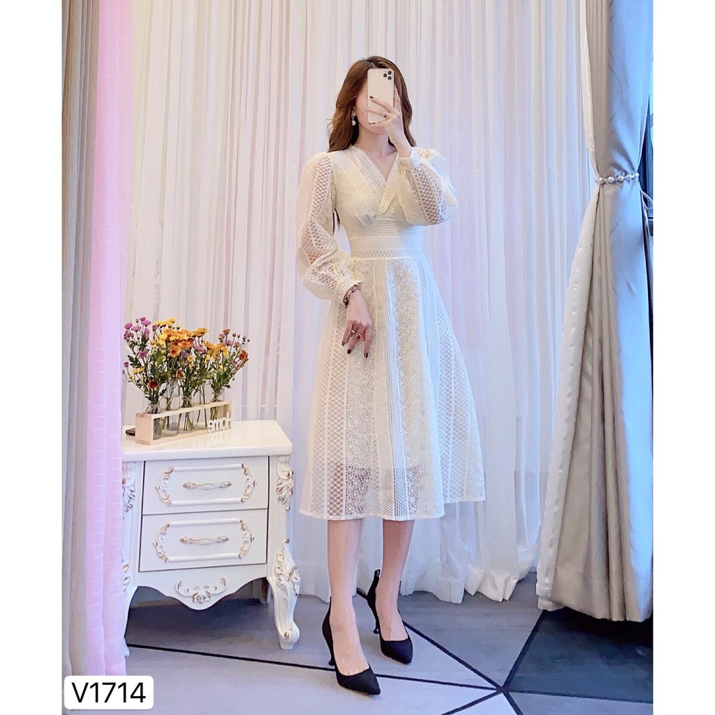 Váy kem ren xòe thiết kế V1714 - DVC Dolce Viva Colection Authentic ( Ảnh mẫu và ảnh trải sàn do shop tự chụp ) | BigBuy360 - bigbuy360.vn